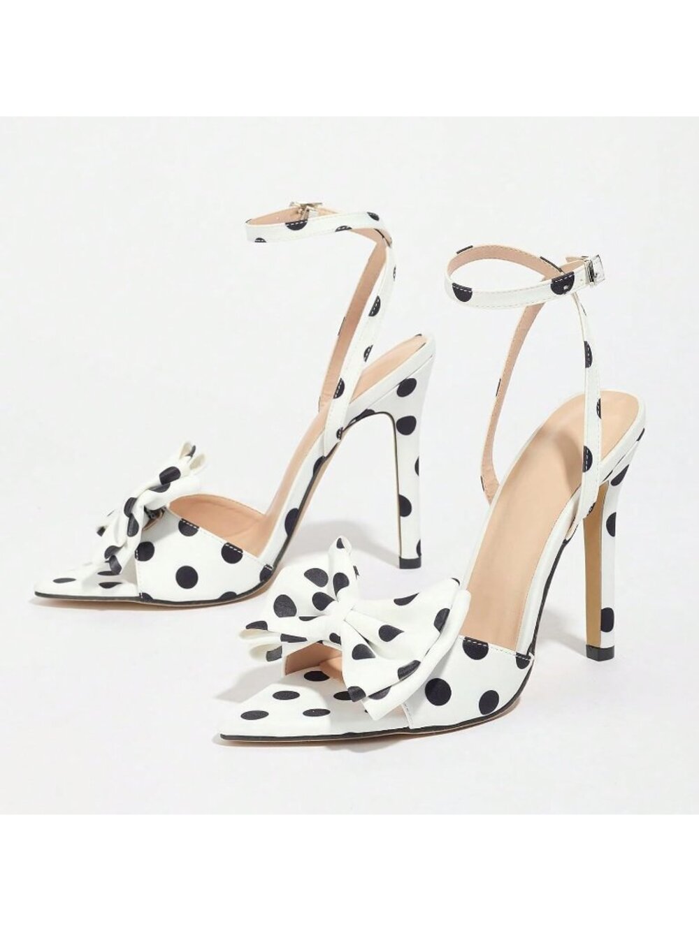 Women's White Polka Dot Bow Stiletto Open Toe Adjust Ankle Strap Sexy High Heels